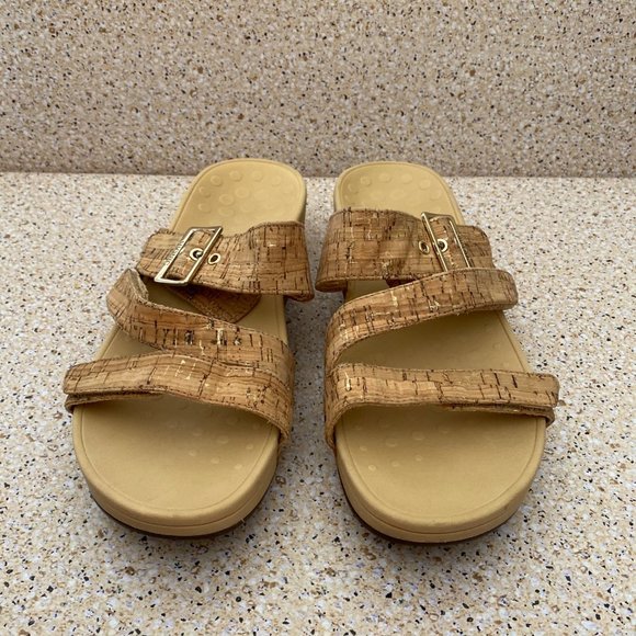 WOMENS VIONIC RIO ADJUSTABLE PLATFORM SANDAL LEATHER GOLD CORK SIZE 10 - Picture 11 of 12